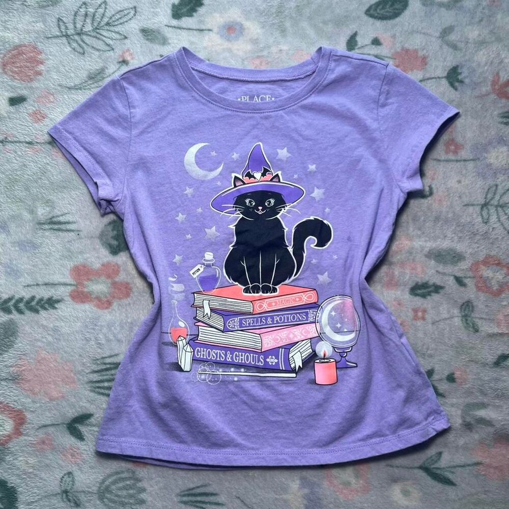 Childrens Place Halloween Cat Witch Shirt 5/6 Kidcore Y2K Witch Whimsigoth 2000s